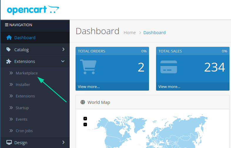 Acesso ao submenu com o marketplace como opção